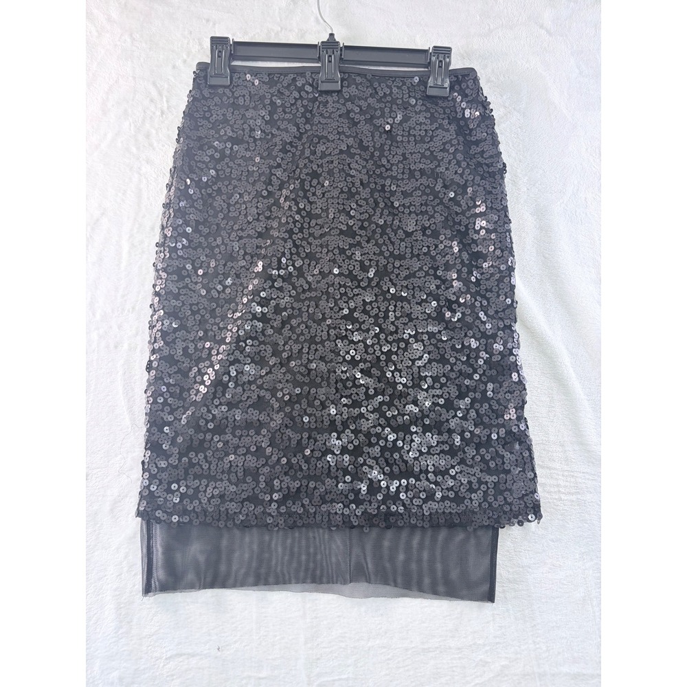 Bar III Sequin Pencil Skirt Black Mesh Hem Embellished‎ Size M